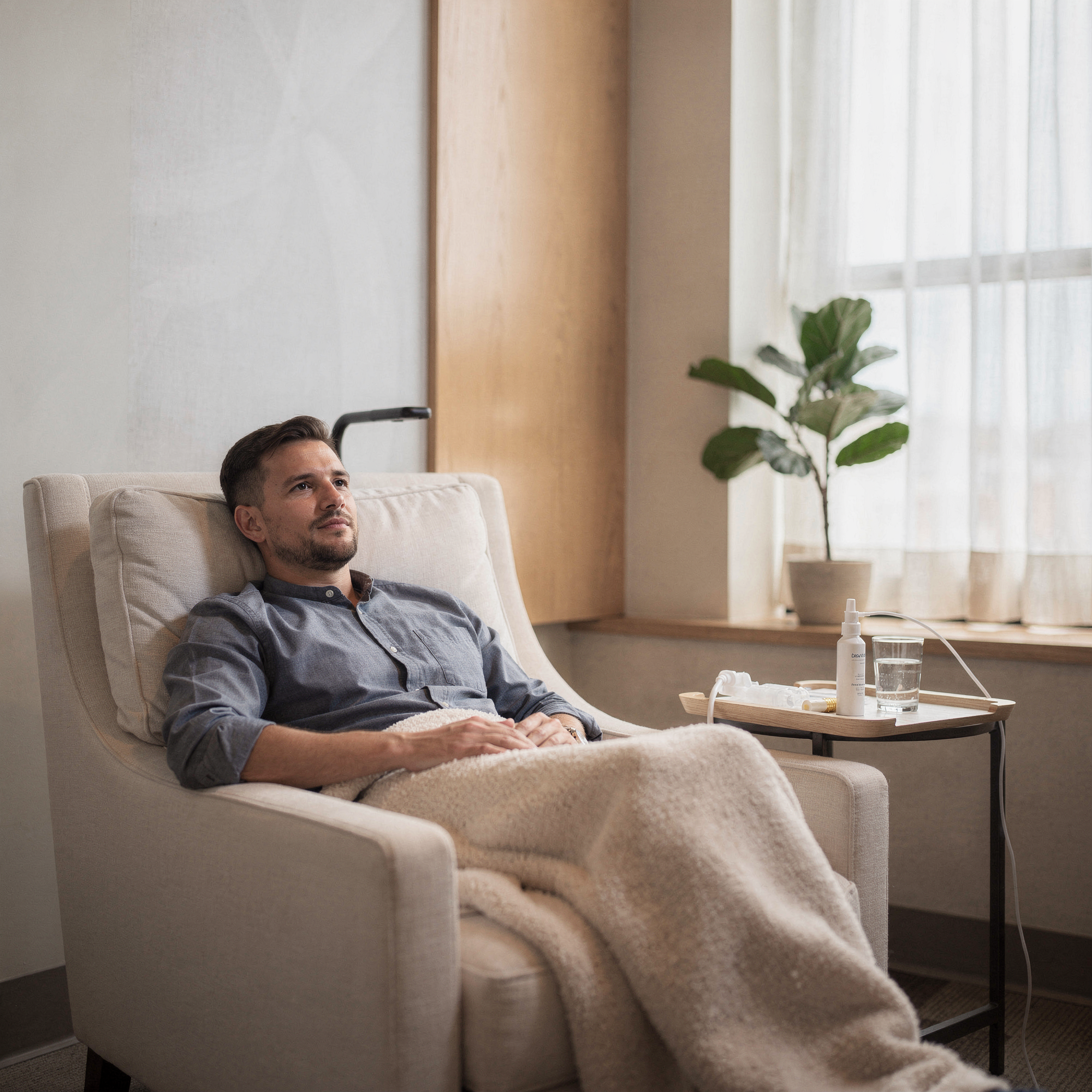 Patient relaxing in a comfortable chair during Spravato treatment at Myndful Wellness
